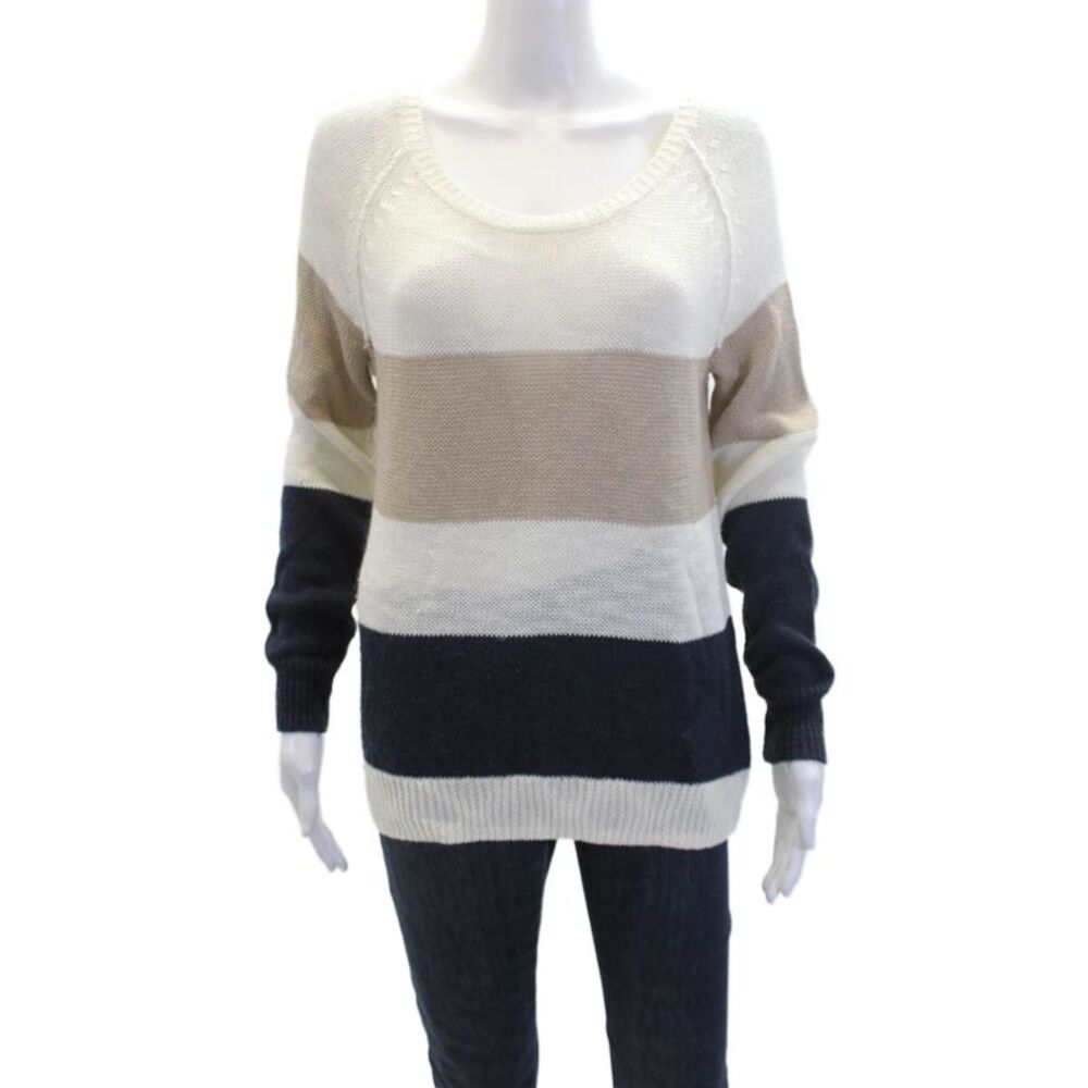 360 Sweater Womens Long Sleeve Scoop Neck Striped Open Knit Sweater White Small